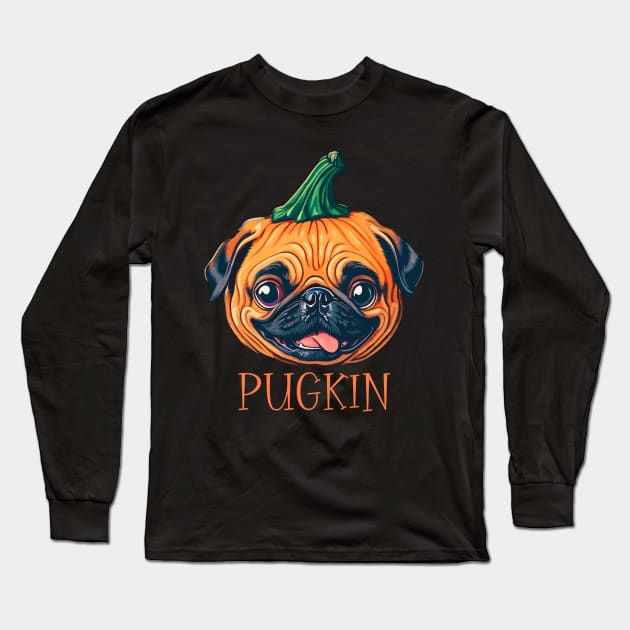 Pugkin Halloween Pumpkin Pug Dog Lover Funny Long Sleeve T-Shirt by AimArtStudio